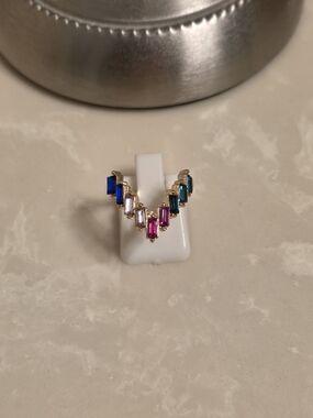 Gold Multi-Color Baguette Gem V-Shaped Statement Ring Size 6
